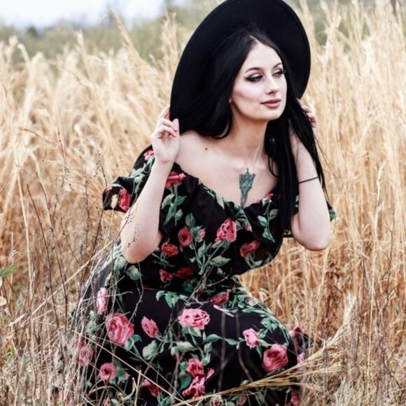 Rebel Love Clothing Pink Black Rose Floral Ruffle Maxi Dress Size Small - Picture 2 of 14